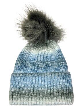 Adrienne Landau Knit Beanie with Faux Fur Pom in Blue